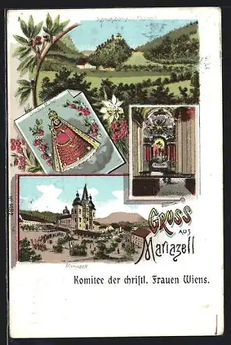 Lithographie Mariazell, Komitee der christl. Frauen Wiens, Kirche, Sigmundsberg