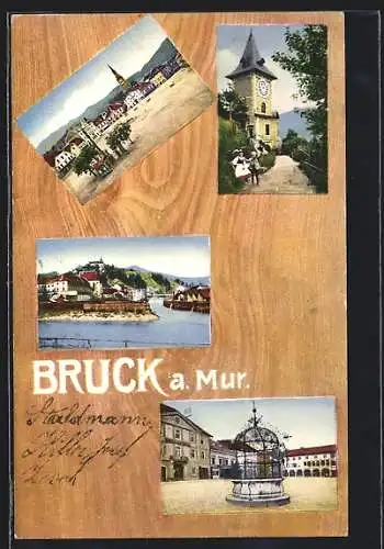 AK Bruck a. Mur, Platz mit Kirche, Partie am Wasser, Uhrturm