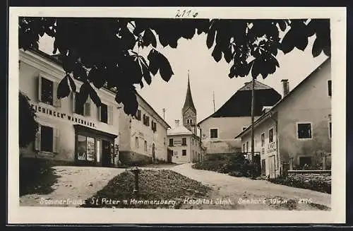 AK St. Peter a. Hammersberg /Kaschtal, Strassenpartie mit FIchingers Warenhaus