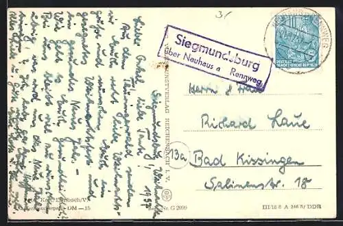 AK Landpoststempel Siegmundsburg über Neuhaus a. Rennweg
