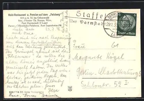 AK Landpoststempel Staffel über Darmstadt