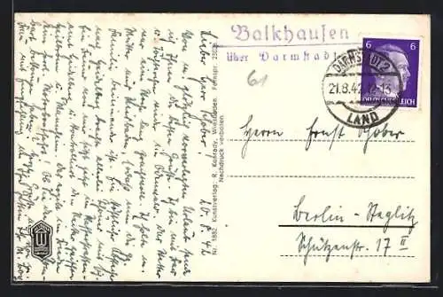 AK Landpoststempel Balkhausen über Darmstadt