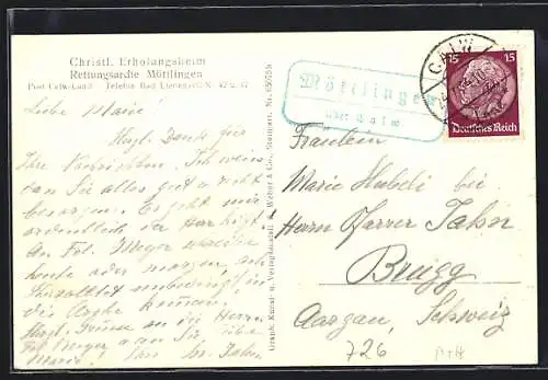 AK Landpoststempel Möttlingen über Calw