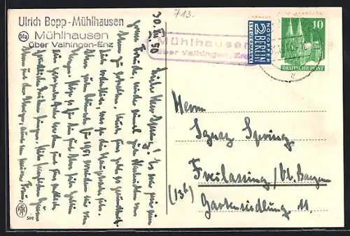 AK Landpoststempel Mühlhausen über Vaihingen