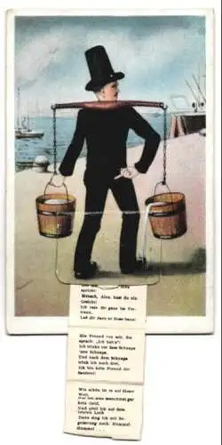 Leporello-AK Hamburg, Hummel mit Wassereimern am Hafen, Hummel-Hummel mit Humor Text von Franz L. Berthold