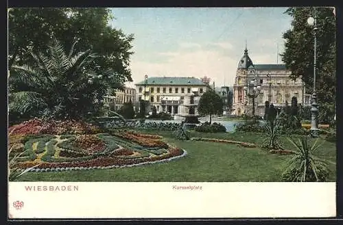 AK Wiesbaden, Kursaalplatz mit Brunnen u. Teich