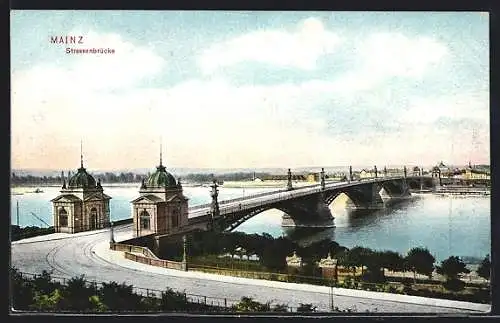 AK Mainz, Strassenbrücke am Fluss