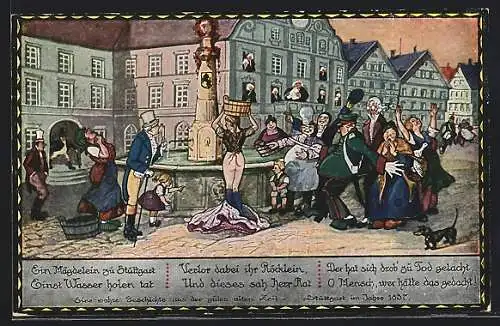 Künstler-AK Hans Boettcher: Stuttgart, Magd holt Wasser, anno 1837