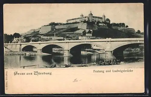 AK Würzburg, Blick auf Festung u. Ludwigsbrücke