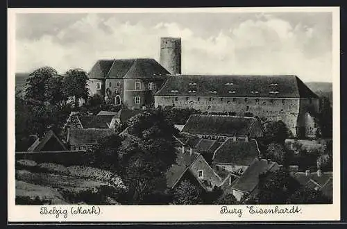 AK Belzig / Mark, Blick über die Dächer auf Burg Eisenhardt