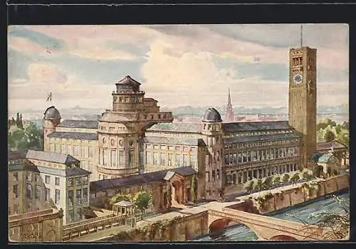 Künstler-AK München, das Deutsche Museum, Ansicht von Nordwesten, Isarbrücke