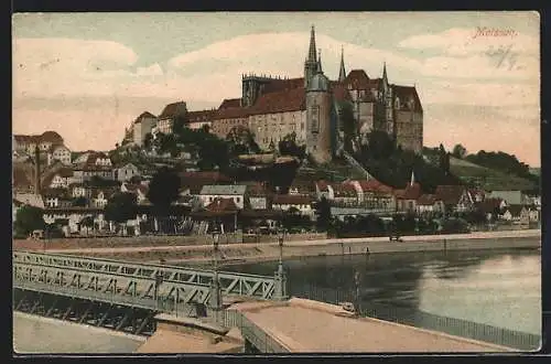 AK Meissen, Ortsansicht m. Brücke u. Schloss am Fluss
