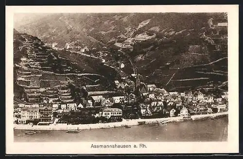 AK Assmannshausen a. Rh., Ortsansicht m. Bergen am Fluss