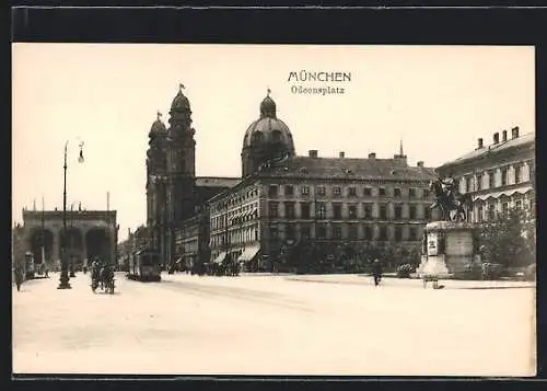 AK München, Odeonsplatz mit Denkmal u. Strassenbahn