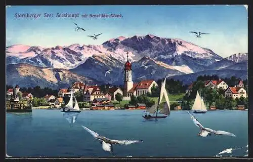 AK Seeshaupt /Starnberger See, Ortschaft mit Kirche u. Benedikten-Wand