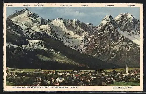 AK Garmisch-Partenkirchen, Ortsansicht gegen Zugspitzengruppe, Waxenstein, Höllental