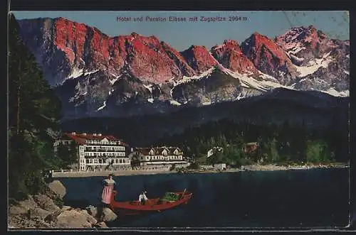 AK Eibsee, Hotel u. Pension gegen Zugspitze, Ruderboot