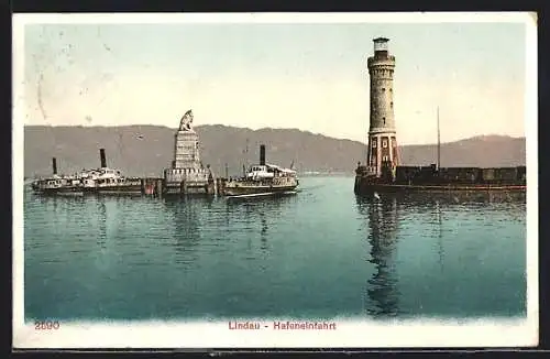 AK Lindau / Bodensee, Hafeneinfahrt m. Leuchtturm u. Dampfer