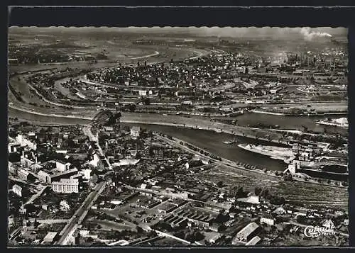 AK Duisburg, Fliegeraufnahme mit Blick auf Hafen u. Rhein