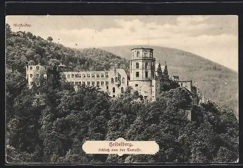 AK Heidelberg, Blick auf das Schloss von der Terrasse mit Wolkenkur