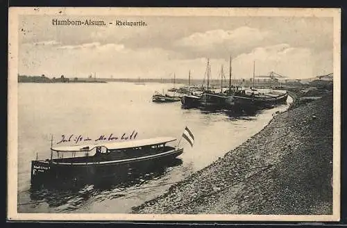 AK Hamborn-Alsum, Rheinpartie, Segelschiffe u. Passagierschiff am Ufer