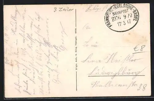 AK Bahnpoststempel Frankfurt-Karlsruhe-Basel, Zug 922