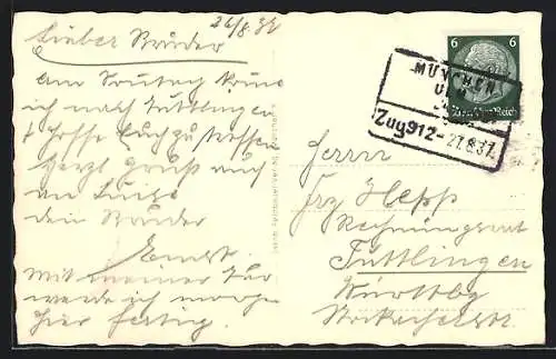 AK Bahnpoststempel München-Ulm, Zug 912