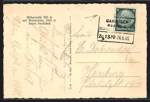 AK Bahnpoststempel Garmisch-München, Zug 1370