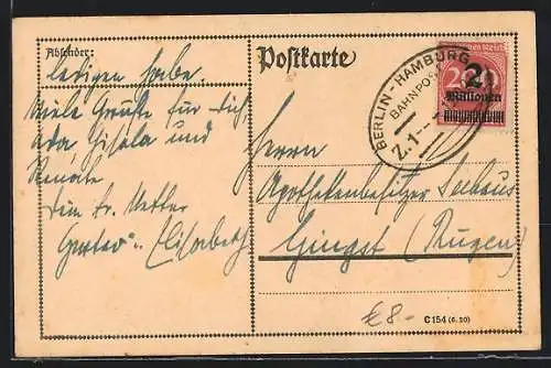 AK Bahnpoststempel Berlin-Hamburg, Zug 1-