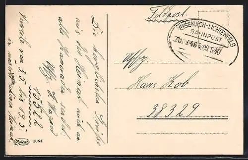 AK Bahnpoststempel Eisenach-Lichtenfels, Zug 646