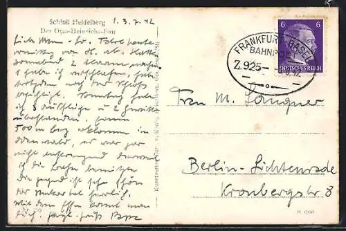 AK Bahnpoststempel Frankfurt-Basel, Zug 925-