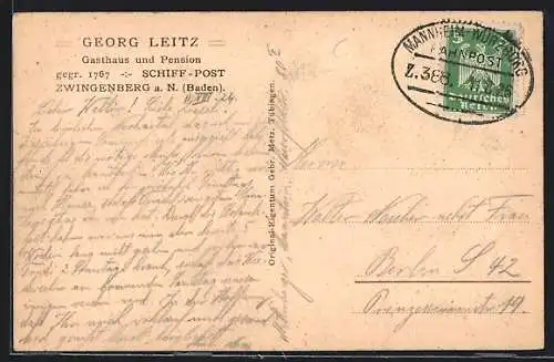 AK Bahnpoststempel Mannheim-Würzburg, Zug 388.