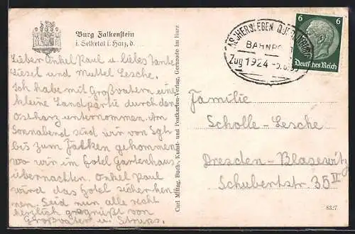 AK Bahnpoststempel Aschersleben-Quedlinburg, Zug 1924
