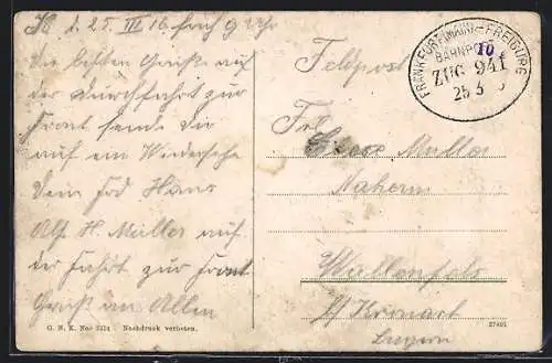 AK Bahnpoststempel Frankfurt (Main)-Freiburg, Zug 941