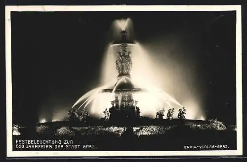 AK Graz, Festbeleuchtung des Brunnens zur 800 Jahrfeier der Stadt Graz