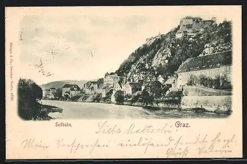 AK Graz, Blick auf den Ort mit Seilbahn am Fluss