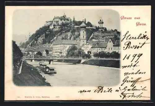 AK Graz, Blick auf den Ort mit Rathaus u. Brücke