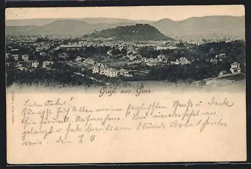 AK Graz, Panorama der Stadt mit Bergen