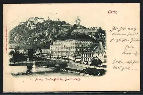 AK Graz, Blick auf Franz Carl`s-Brücke u. Schlossberg