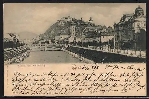 AK Graz, Ortsansicht mit Murquai u. Schlossberg