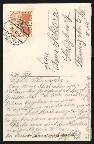 AK Maria Trost, Ansicht d. Kirche mit Heiligenbildnis im Himmel