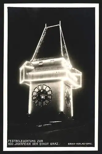 AK Graz, Festbeleuchtung des Uhrenturms zur 800 Jahrfeier der Stadt