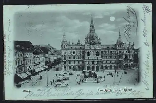 Mondschein-AK Graz, Der Hauptplatz mit Rathaus