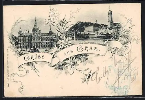 AK Graz, Rathaus, Blick von der Ferdinandsbrücke