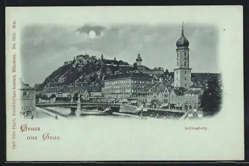 Mondschein-AK Graz, Blick vom Fluss auf den Schlossberg