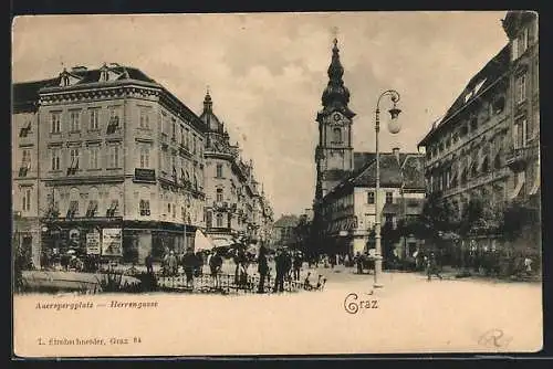 AK Graz, Auerspergplatz und Strasse Herrengasse mit Geschäften, Zahnarzt und Kirche