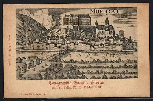 Künstler-AK Muehrau, Darstellung des Ortes aus der Topographia Ducatus Styriae, 1681