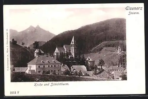 AK Eisenerz /Steiermark, Teilansicht mit Kirche u. Schichtthurm