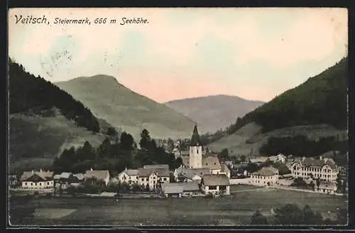 AK Veitsch /Steiermark, Ortschaft mit Kirche u. Bergen