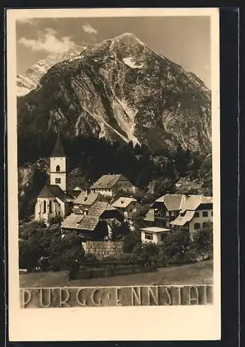 AK Pürgg /Ennstal, Teilansicht des Ortes mit Kirche u. Berg